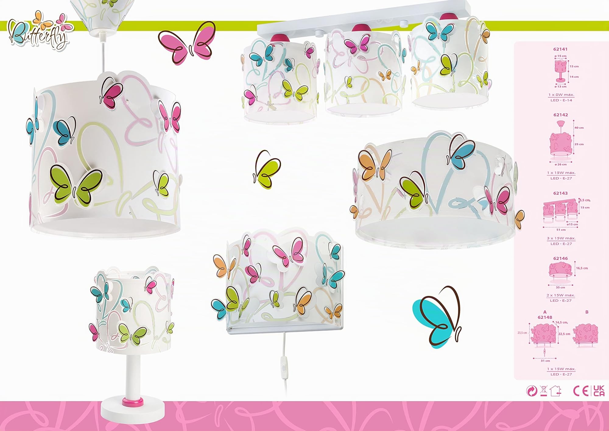 Dalber - Lampadario, soggetto: farfalle variopinte, glühlampe, plastica, bianco