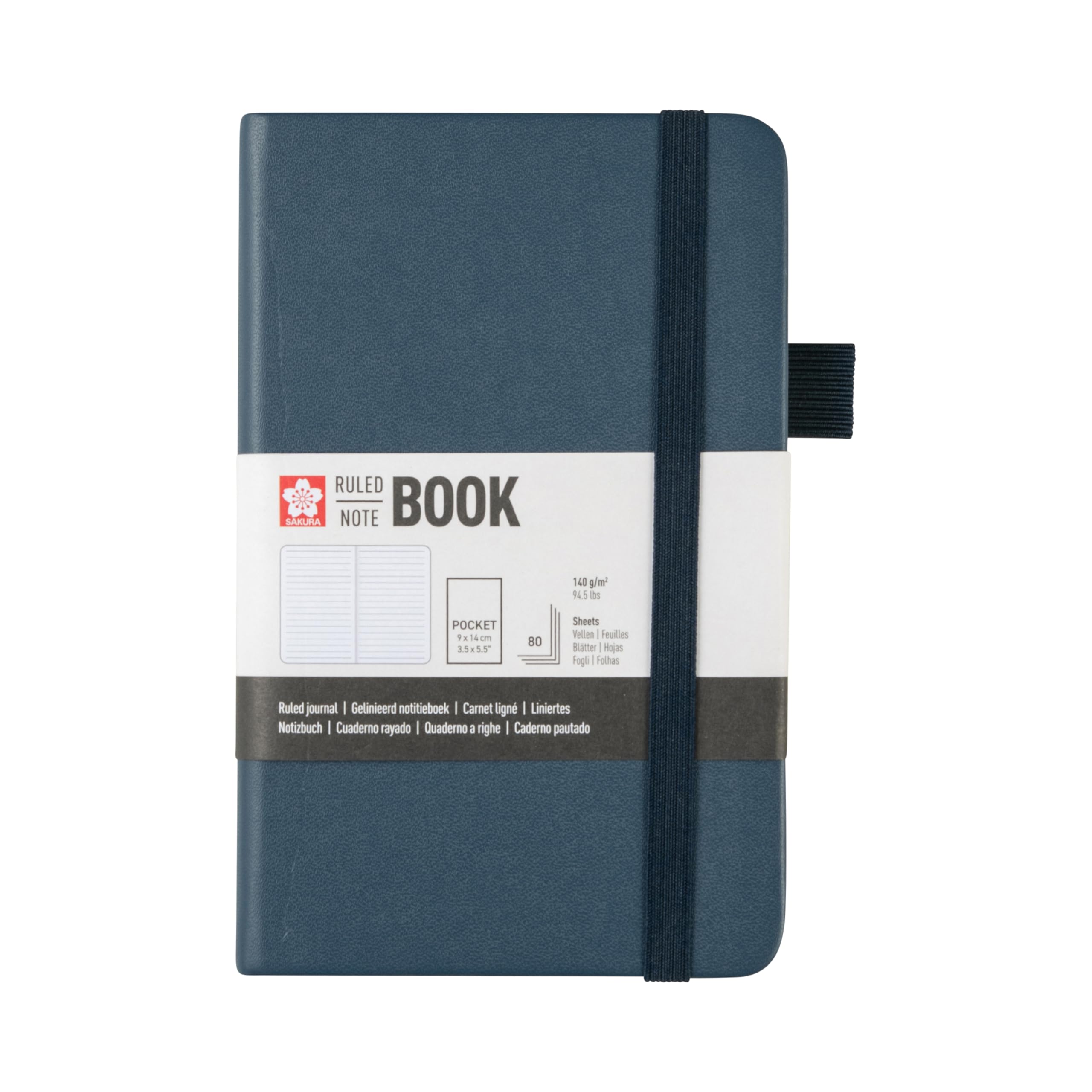Sakura Ruled Hard Cover Notebook Pocket deep Indigo, 80 Sheets of FSC-Certified Paper, Elastic Closure and Expandable Pocket, 14 x 9 cm.