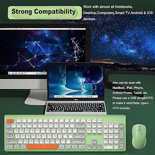 Miniatura 7 de Juego de mouse de teclado inalámbrico, teclado silencioso portátil de chocolate de 2.4 G con bonito teclado redondo colorido, 104 teclas de tamaño