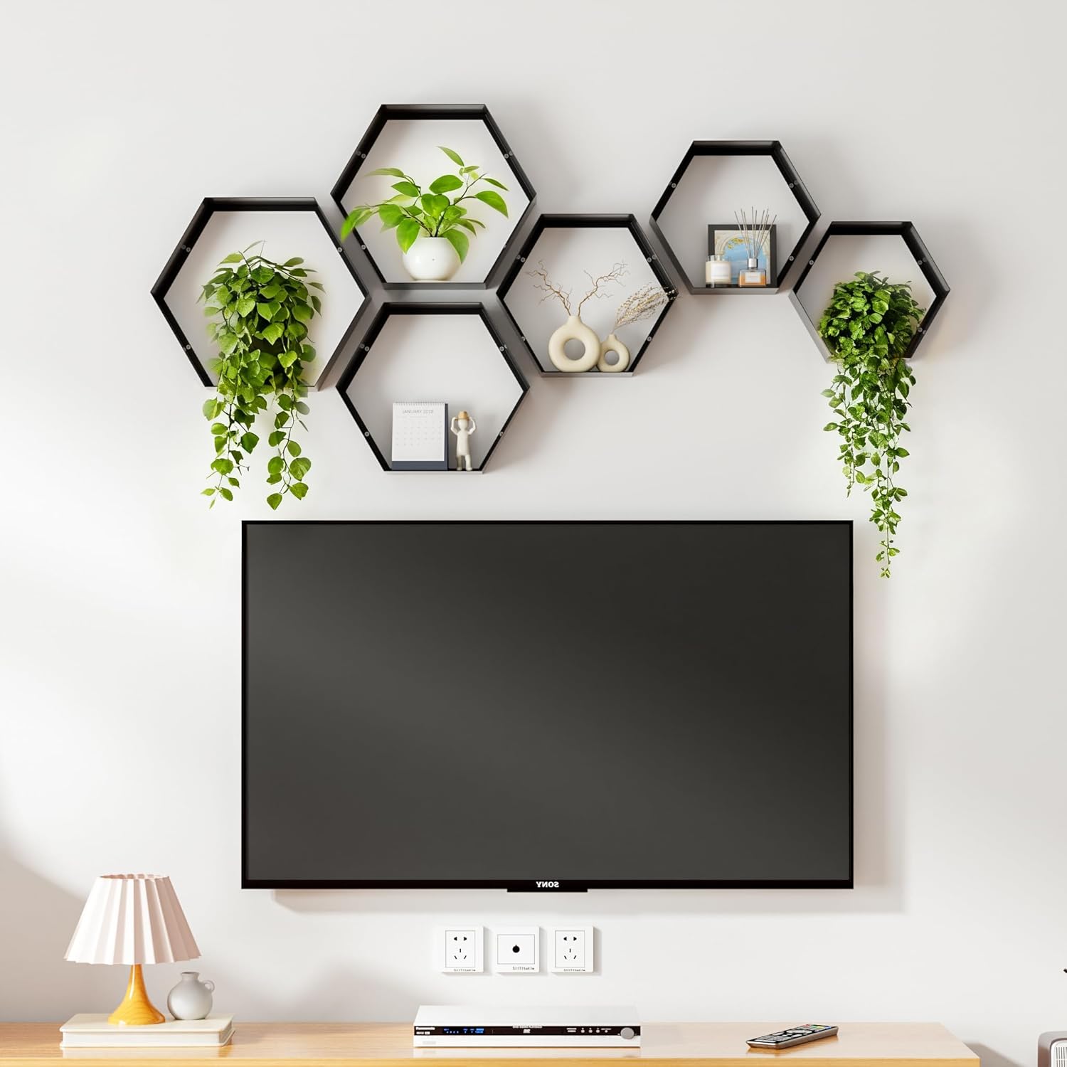 Gonice Hexagon Floating Shelves Set of 6, Black Metal Wall Mounted Shelves for Home Decor, Honeycomb Display Shelf for Living Room, Bedroom and Office