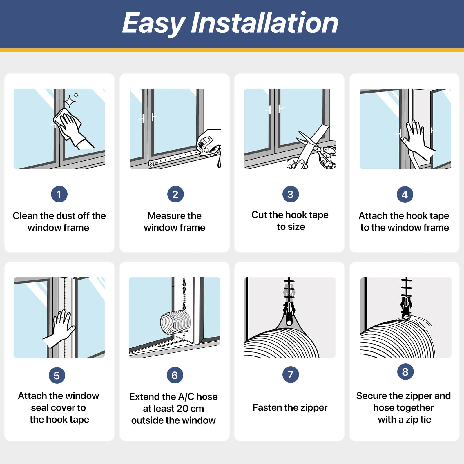 LOVIGA 300cm Kit Ventana Aire Acondicionado Portátil, Aire Acondicionado Portátil Ventana con Cremallera, Sellado Hermético para Ventanas Abatibles, de Tejado y Tipo Toldo, Hot Air Stop, Sin Taladrar