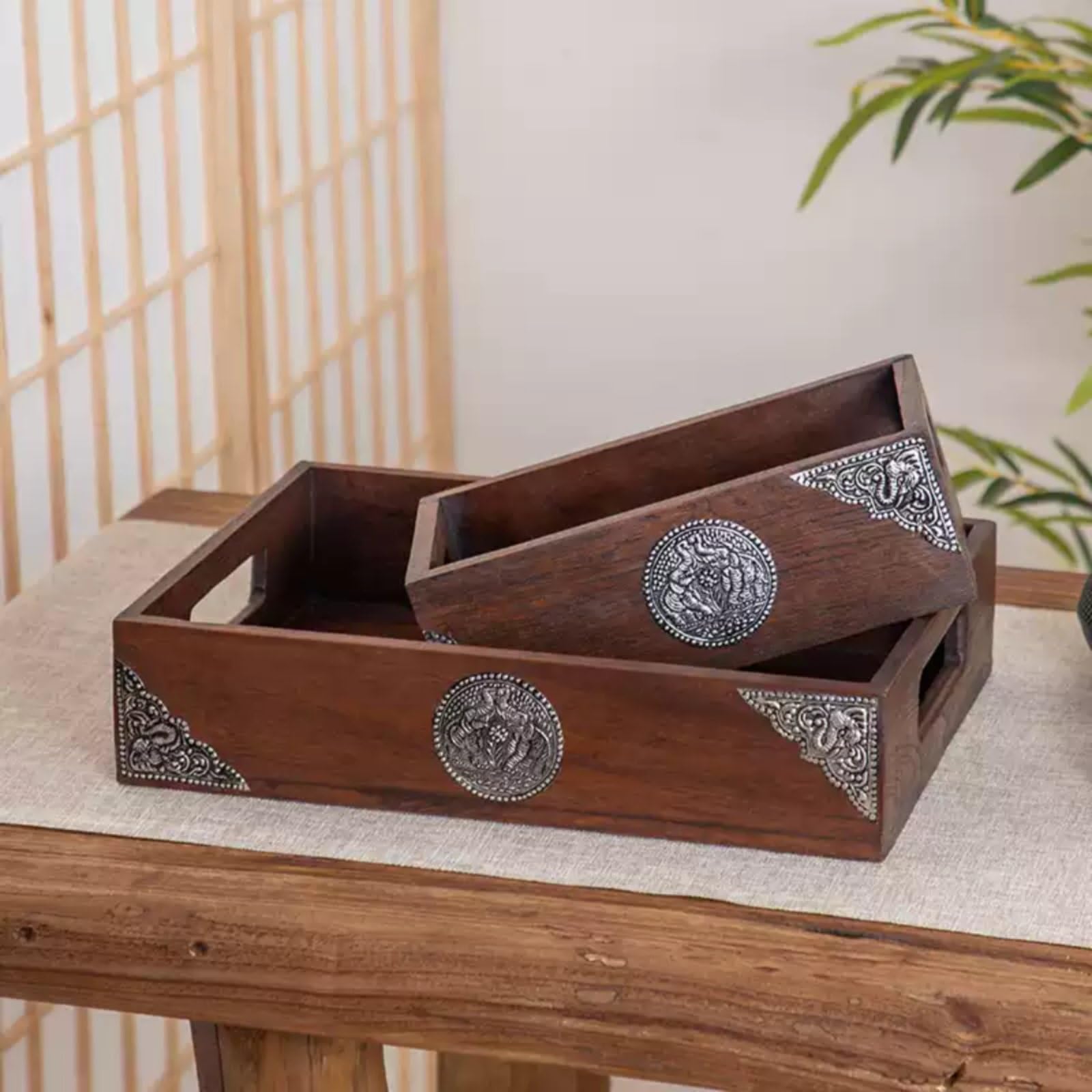 Industrial Tray Teak Holz Tablett Rechteck Serviertablett Dekotablett Aufbewahrung mit Zinn Elementen für Getränke Snacks Obst Und Briefe für Esstisch, Klein 24cm X 14cm X 8cm