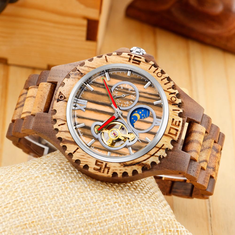 Tiong Orologio da uomo in legno, meccanico, scheletro, movimento automatico, Mwd-03moon, Retrò | Orologio da uomo retrò leggero con scatola regalo in legno, classico orologio in legno come regalo per uomini