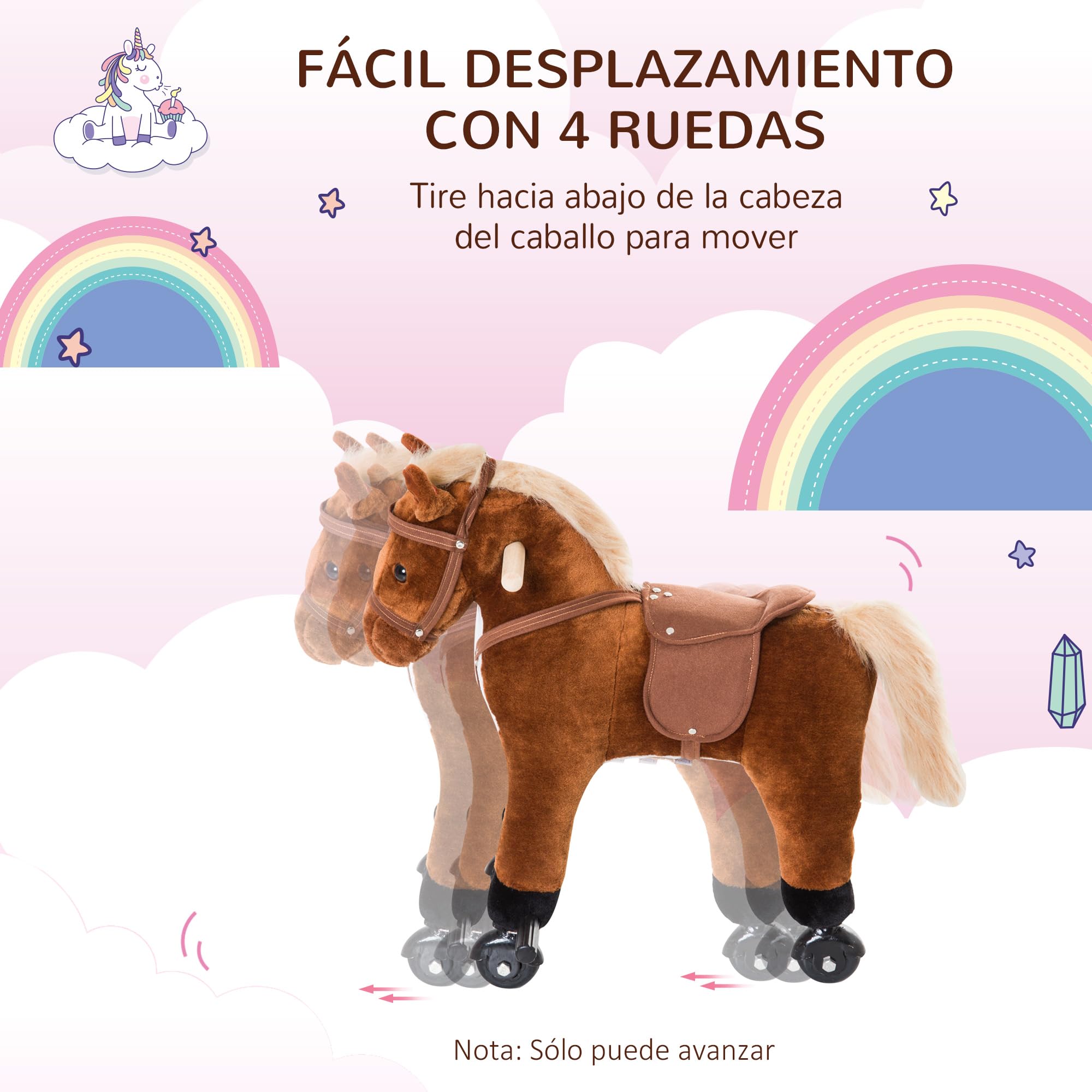 HOMCOM Caballito para Bebes de +2 Años Caballo con Ruedas Sonidos de Relincho Palos y Pedales Carga 60 kg 55x23x60 cm Marrón