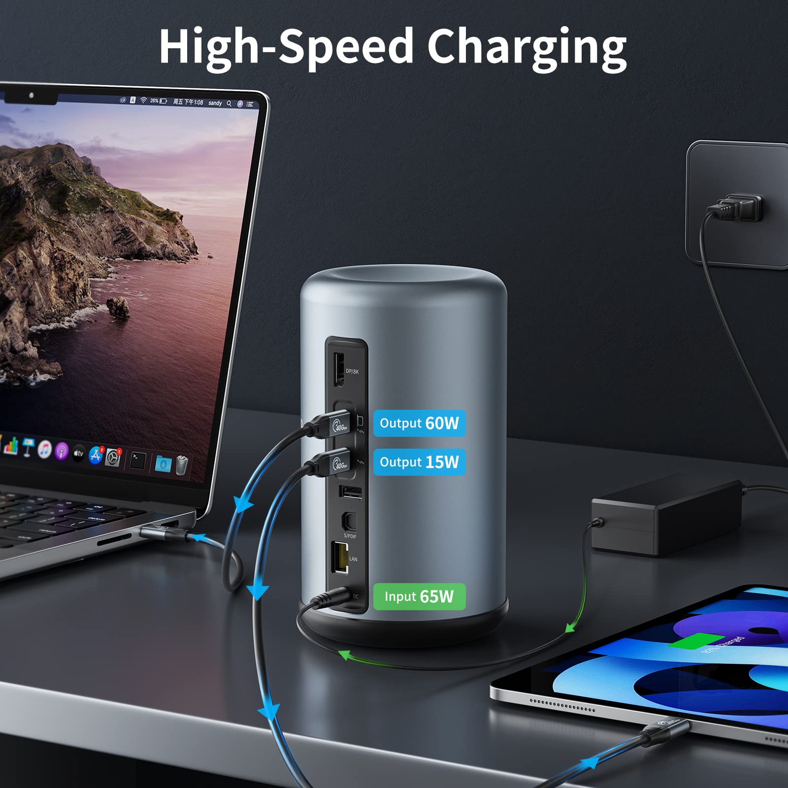 PHIXERO Dock Thunderbolt 3, docking station USB C 16 in 1, Dual 4K@60Hz/Single 8K Thunderbolt 3/DP Port, 10Gbps USB-C, 5Gbps USB-A, Gigabit Ethernet, SD/TF, audio, S/PDIF, per MacBook Mac e Windows