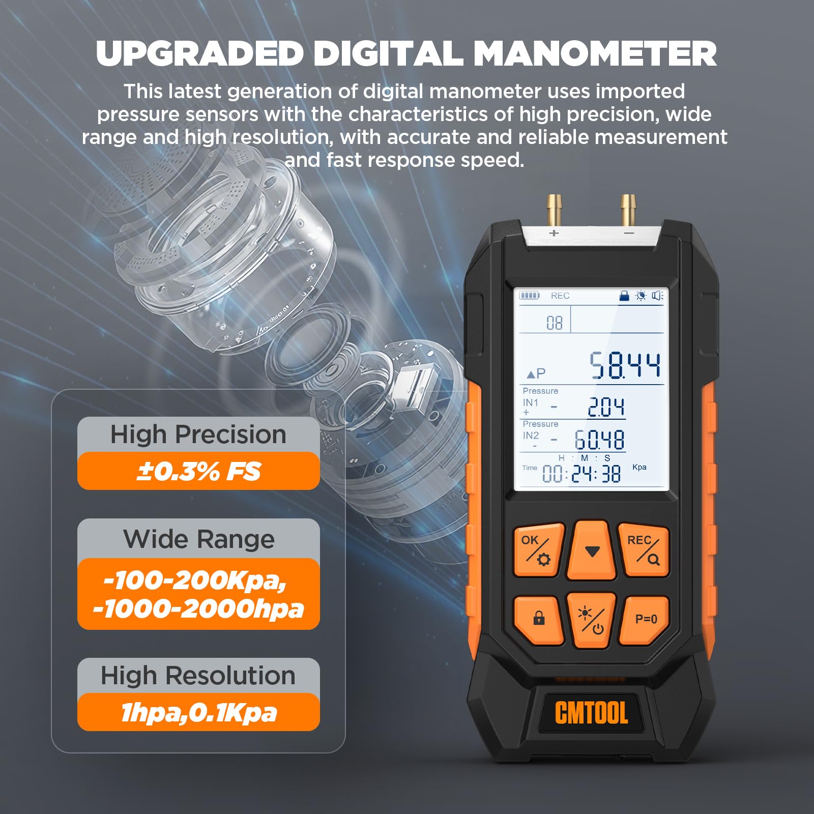CMTOOL Manómetro de presión de gas, manómetro digital de -100-200 Kpa con imán fuerte, 10 unidades seleccionables, kit de probador de presión de aire de doble puerto con más accesorios