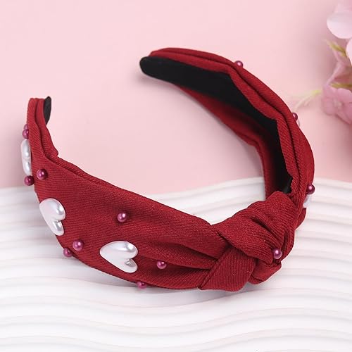Miniatura 2 de Totelux Diadema de corazón de San Valentín, banda para el cabello anudada roja, cuentas de perlas de amor, antideslizantes, nudo superior,