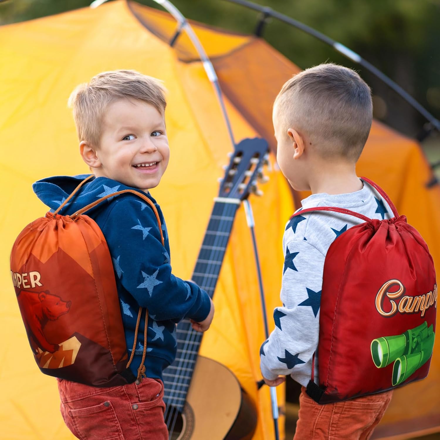 Paterr 12 Pcs Camping Party Favor Bags Camp Party Drawstring Gifts Bags Kids Camping Theme Goodie Candy Bags Camp Adventure Drawstring Backpack Happy Camper Birthday Decorations Supplies