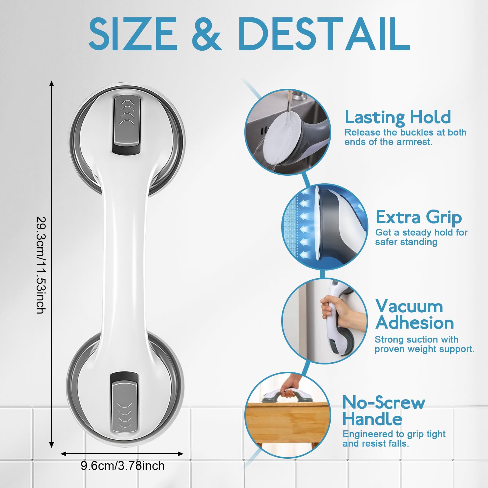 Maniglie Anziani Ventosa Forte - 2pcs Sicurezza Bagno, 110 KG Maniglia Sicurezza Bagno, Supporto Sollevamento Fissaggio Sgabello Doccia Toilette Grigio
