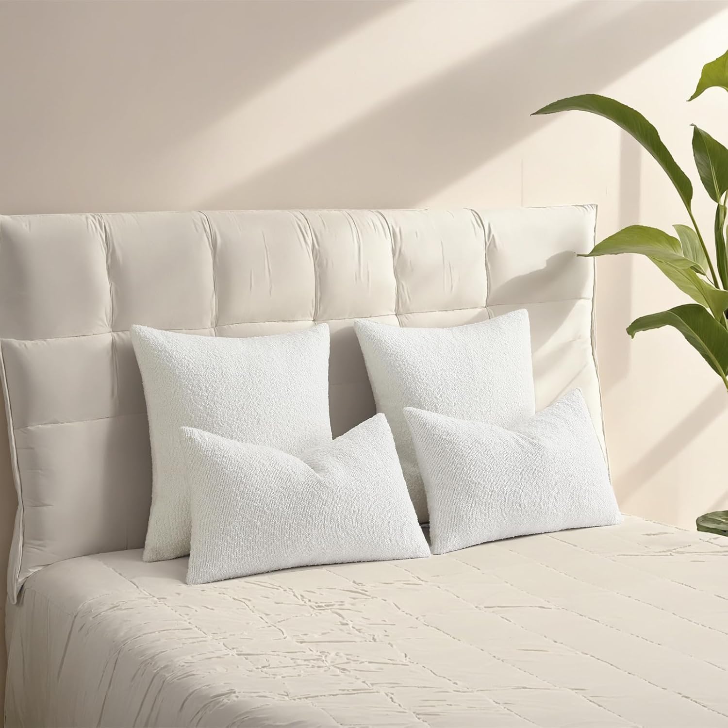 HAUSSY White Set of 2 20x20 Decorative Throw Pillow Covers, Soft Cozy Textured Boucle Couch Cases, Home Decor for Couch Bed Living Room