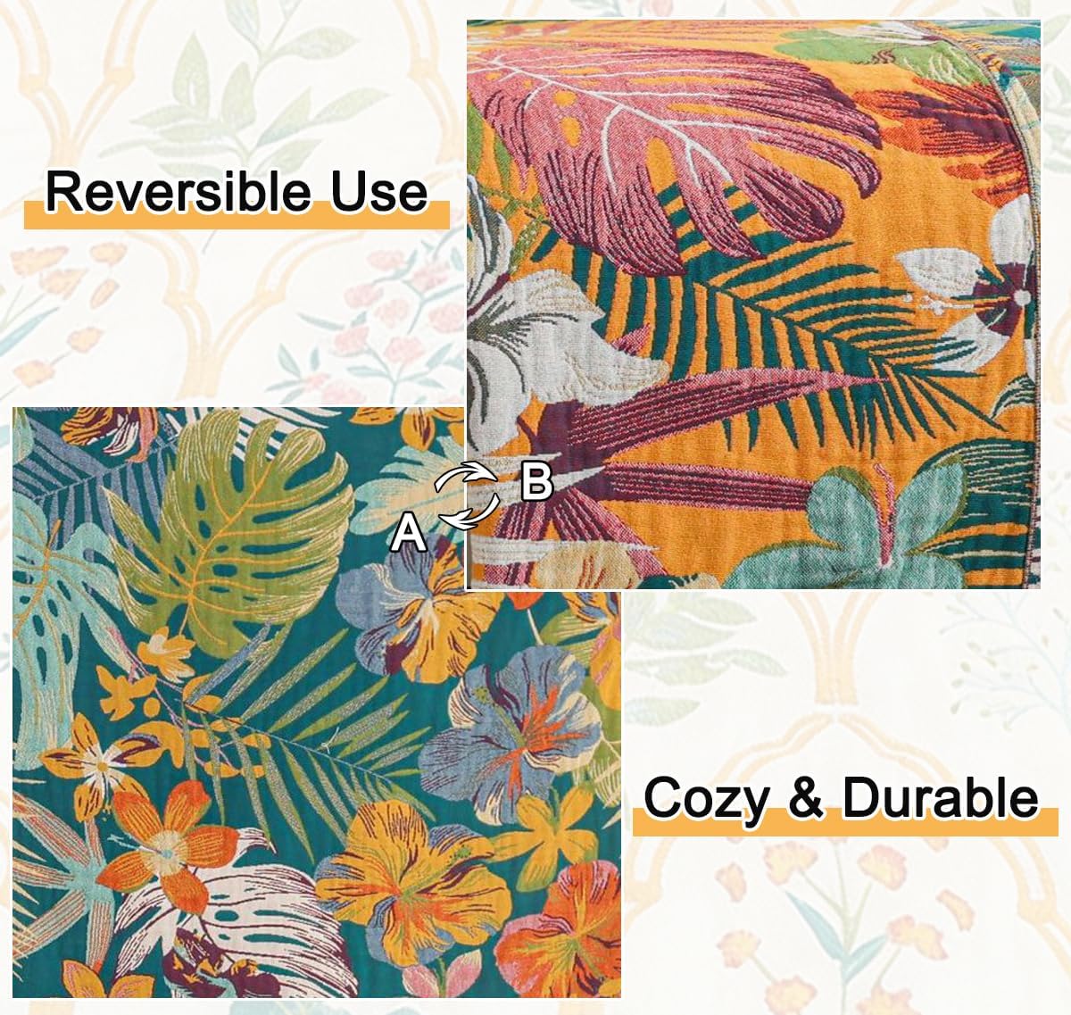 Boho Throw Blanket 60"x80", 100% Cotton Muslin Blankets for Couch Bed Sofa Chair, 4-Layer Soft Cozy Quilt Travel Blanket with Floral, Farmhouse Decor,All Seasons(Green)