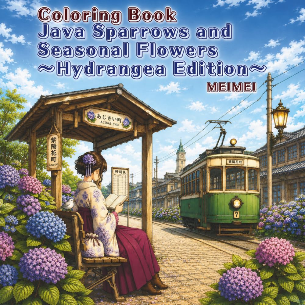 coloring book Java Sparrow and Seasonal Flowers: Hydrangea Edition