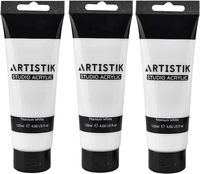ARTISTIK Titanium White Acrylic Colour Paint Tubes - Set of 3- 120 ml Professional Grade Paints for Canvas Paper Wood and Other Surfaces Vivid Non-Toxic Paint for Kids Beginners and Artists
