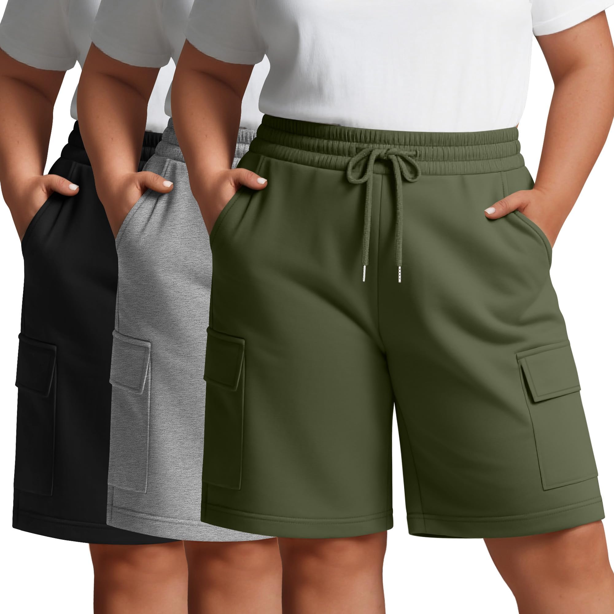 3 Pack Women's Plus Size Cargo Shorts Elastic Drawstring Bermuda Short Casual Loose Athletic Yoga Shorts with 4 Pockets