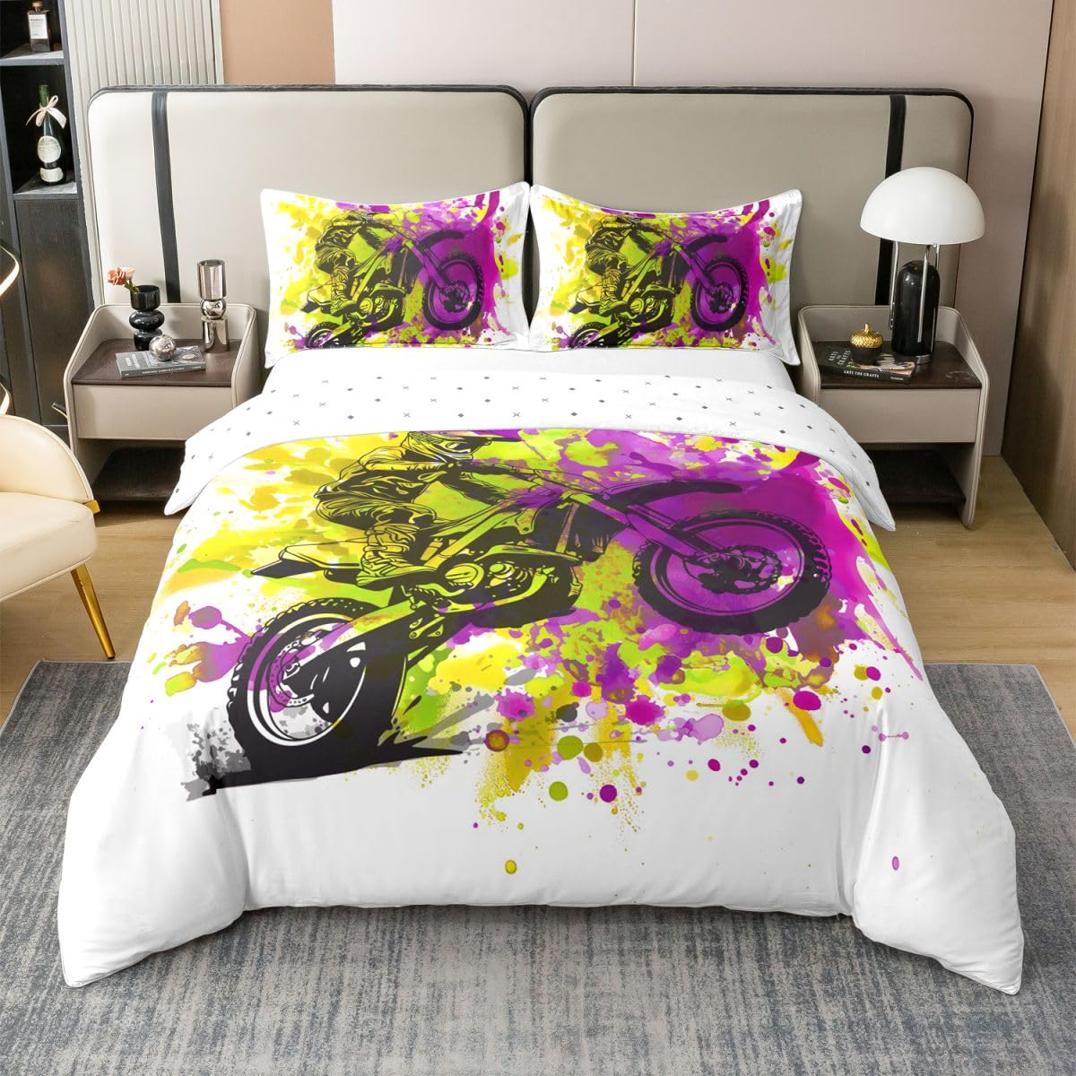 Homewish Motocross retro dzieci chłopcy żółte fioletowe zestawy pościeli King | Dirt Bike Grunge bawełniana poszewka na kołdrę do gier motocykl poszewka na kołdrę sporty ekstremalne ciepła miękka
