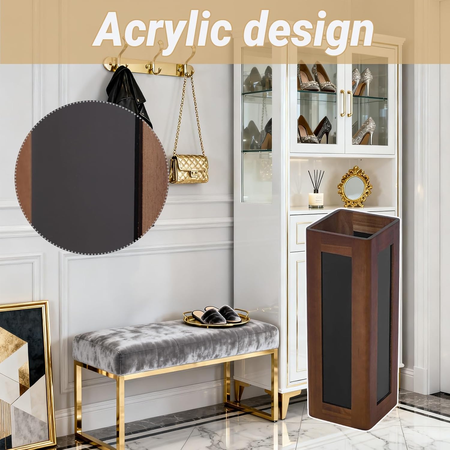 Square Umbrella Stand with Removable Tray, Solid Wood Rounded-Edge Cane Holder for Entryway, Rustic Farmhouse Decor