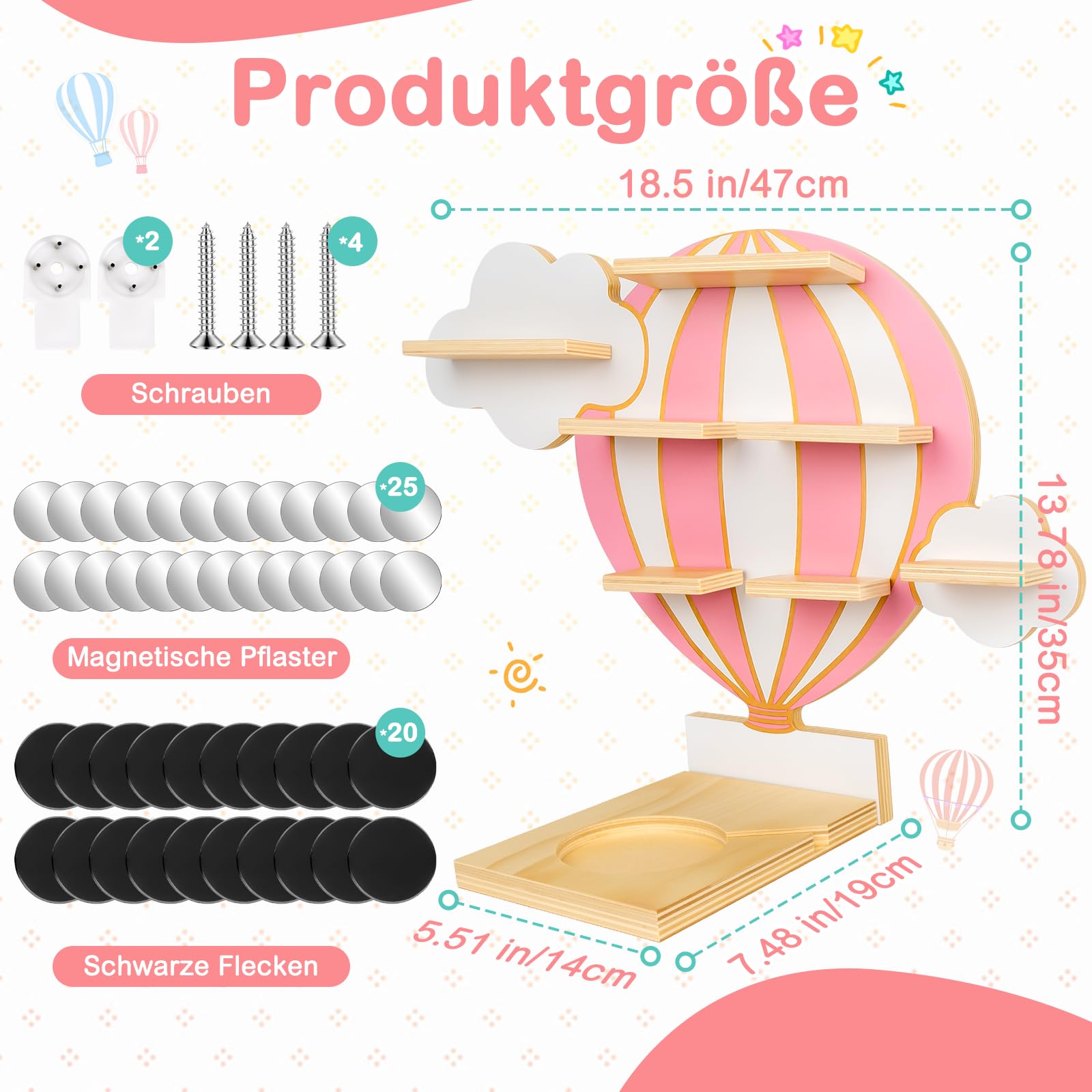 Tonie Regal Heißluftballon & Wolken, Wandregal Standregal für Toniebox & Figuren, Toniebox-Regal für Mädchen Jungen, Perfekte Aufbewahrung im Kinderzimmer, Zubehör für Toniebox 1 & 2 Starterset, Rosa