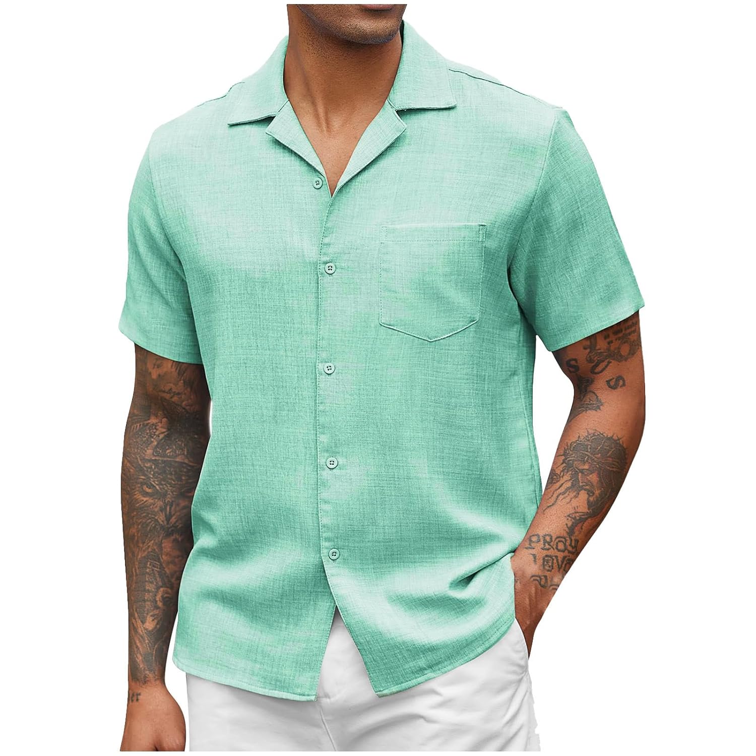 Mens Linen Shirts Beach Summer Lightweight Wedding Formal Dress Shirts Button Down Casual Short Sleeve with Pockets