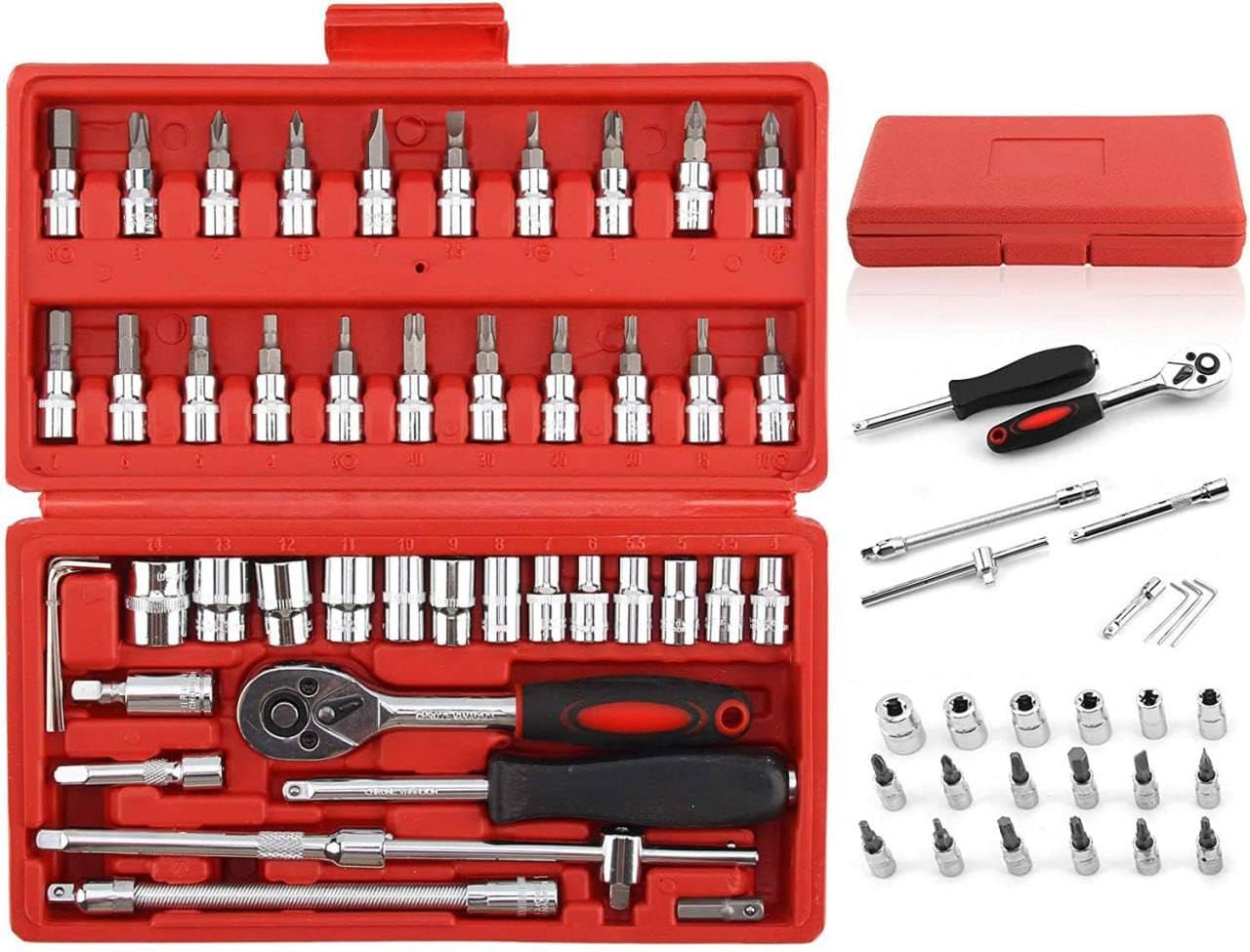 LYONORA 46 in 1 Pcs Tool Kit & Socket for Car&Bike Repairing Hand Tool Long Handle Kit 46pcs Combo Tools Repair 1/4" Ratchet Torque Box for Spanner Force Kit, Tools, Set (Multi color)