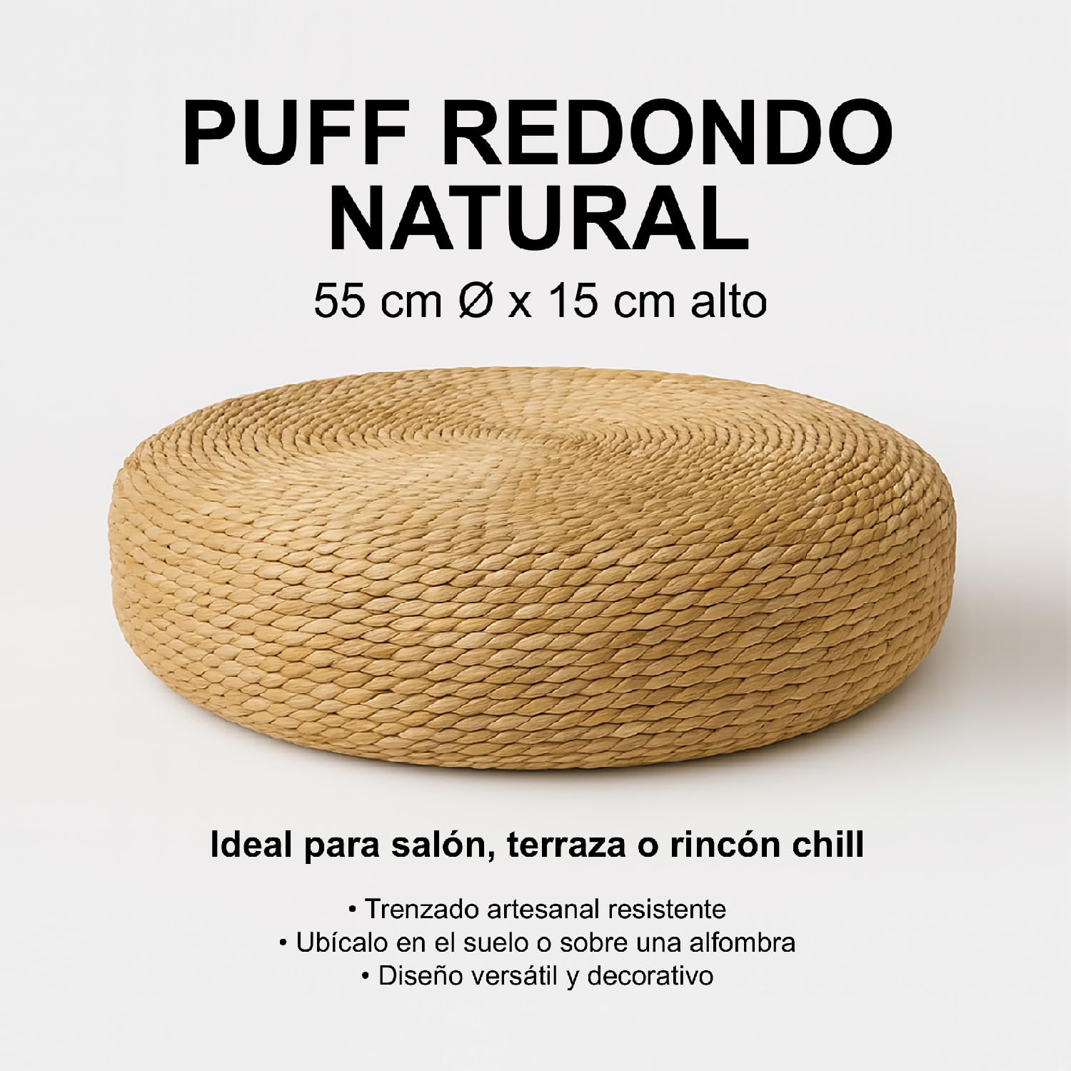 TIENDA EURASIA - Puff Redondo de Suelo | Material de Trenzado Natural | Diseño Nórdico | Medida Ø 55 cm x 15 cm | Ideal para Decoración de Interior y Exterior