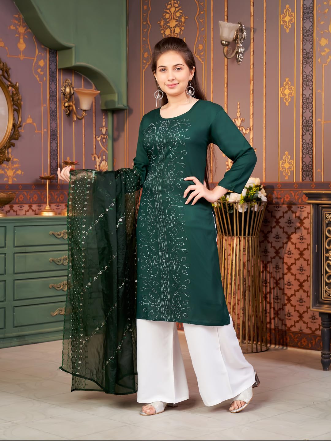 Aarika Girls Ethnic Wear Dark Green Colour Embellished Rayon Kurti-8-15 Years (Kurti-Tr-K-904)