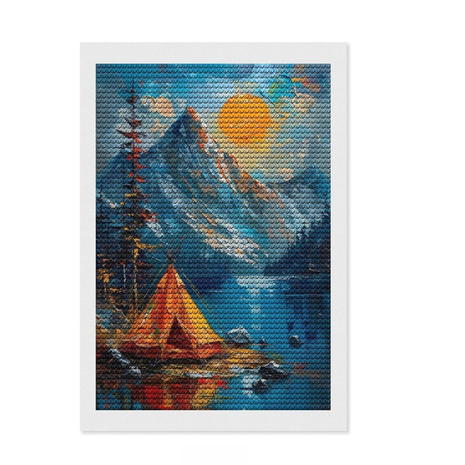 Junmoney Camping Mountains Round Drill Diamond Painting 8"x12", for Beginners, Simple to Start, Modern Decor, Birthday Gift, Easy to Enjoy