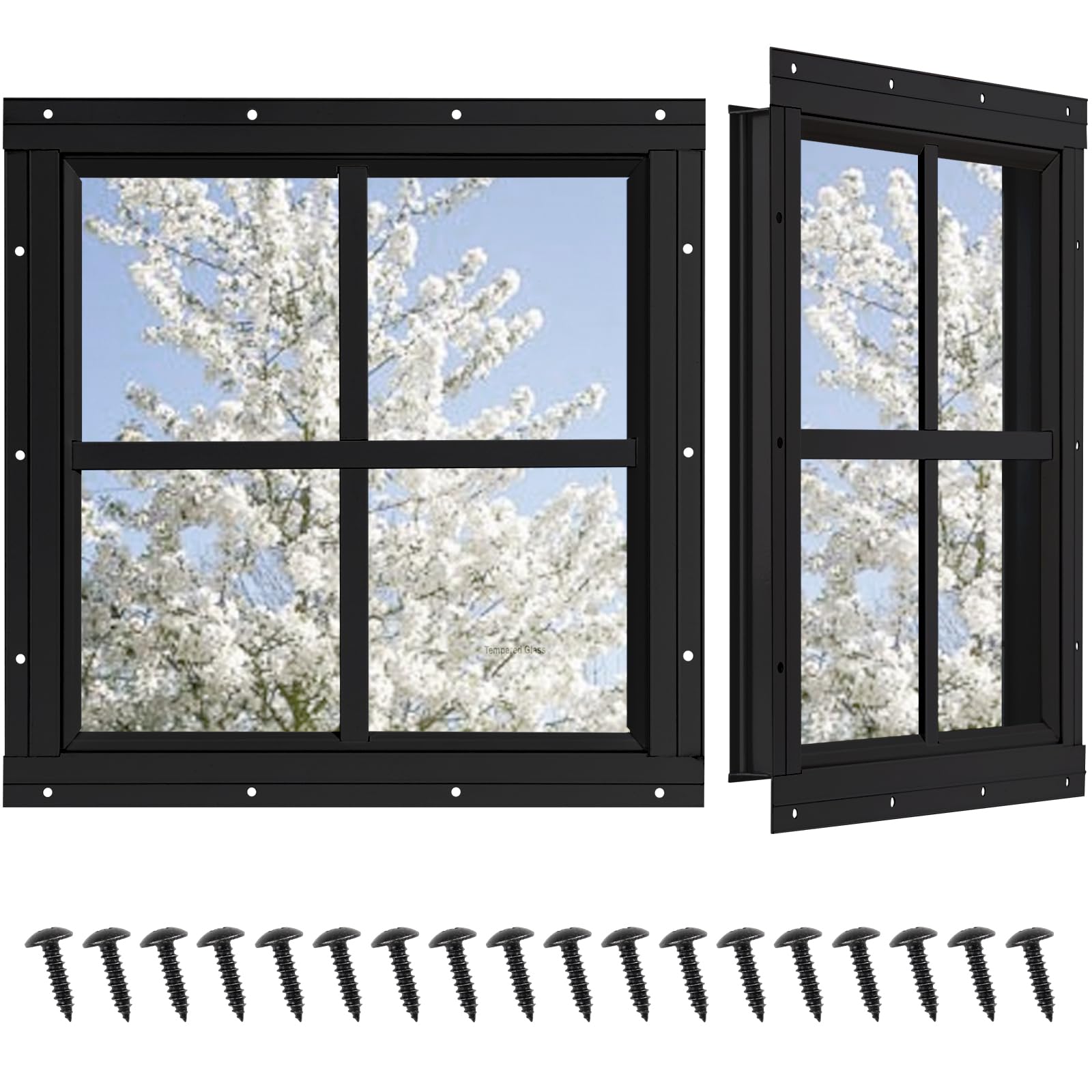 NOTASA Shed Windows 2 Pack, Chicken Coop Windows 16" x 16" with Tempered Glass, Square Gable Flush Mounted Small Window for Shed, Playhouse, Household, Garage (Black) — image 1