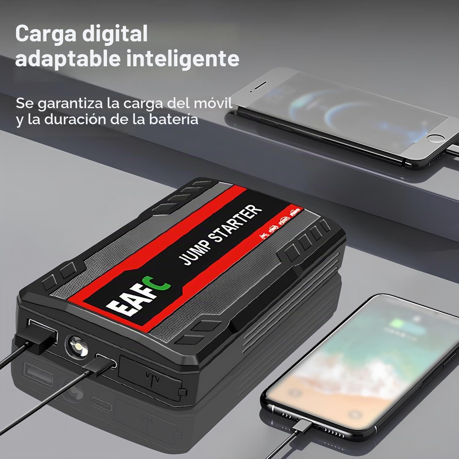 Arrancador de batería portátil EAFC de 12 V para Coche, 1500 A, para baterías de hasta 6 L de Gasolina, con luz LED, Puertos USB y Pinzas para Coches, Furgonetas y Camiones (Negro)