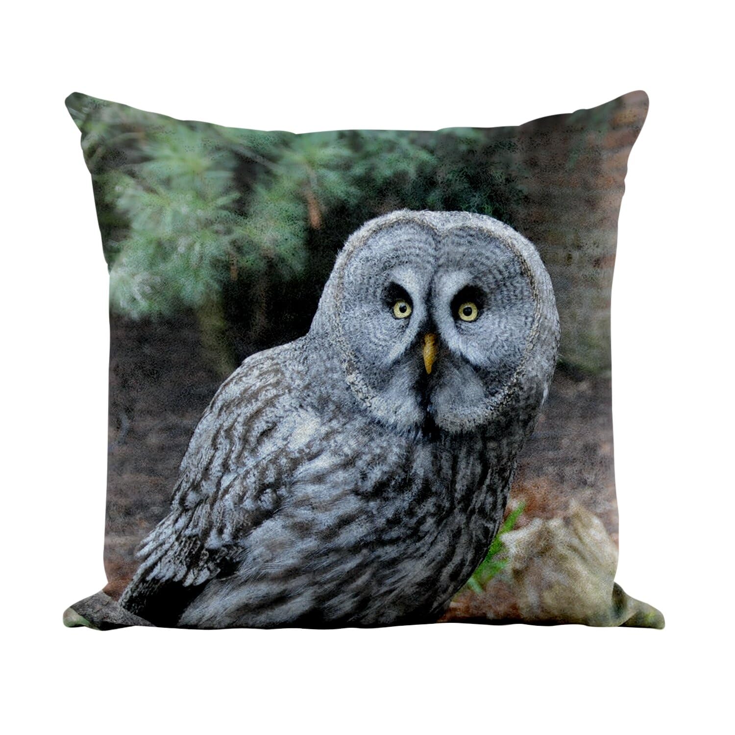 Coussin grande chouette lapone housse similicuir blanc 40 x 40 cm oiseau cendré décoratif