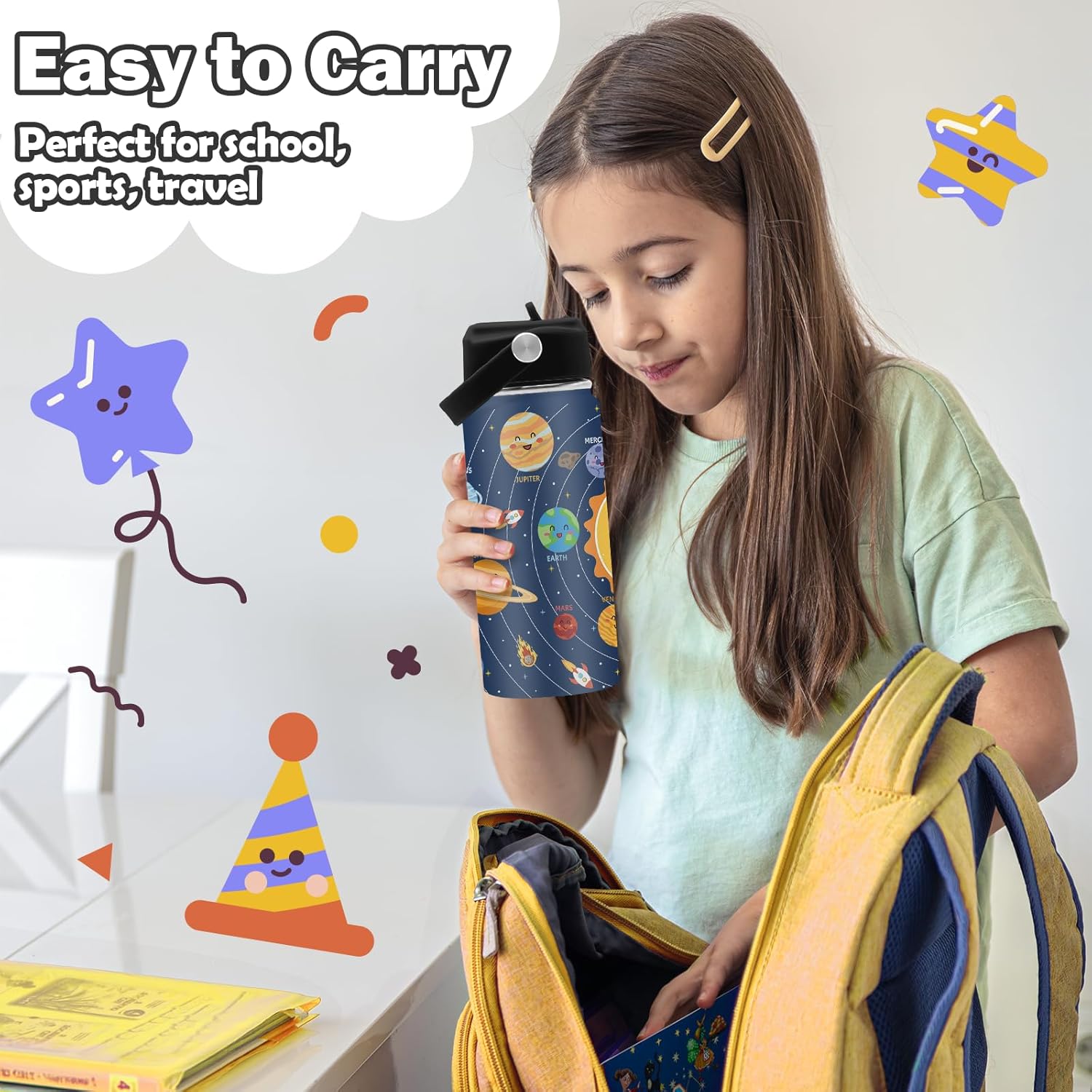 Space Planet Water Bottle - Space 16oz Stainless Steel Water Bottle with Straw - Funny Planet Insulated Cup for Boys - Solar System Kids Tumbler for School, Sports, Travel - Image 7