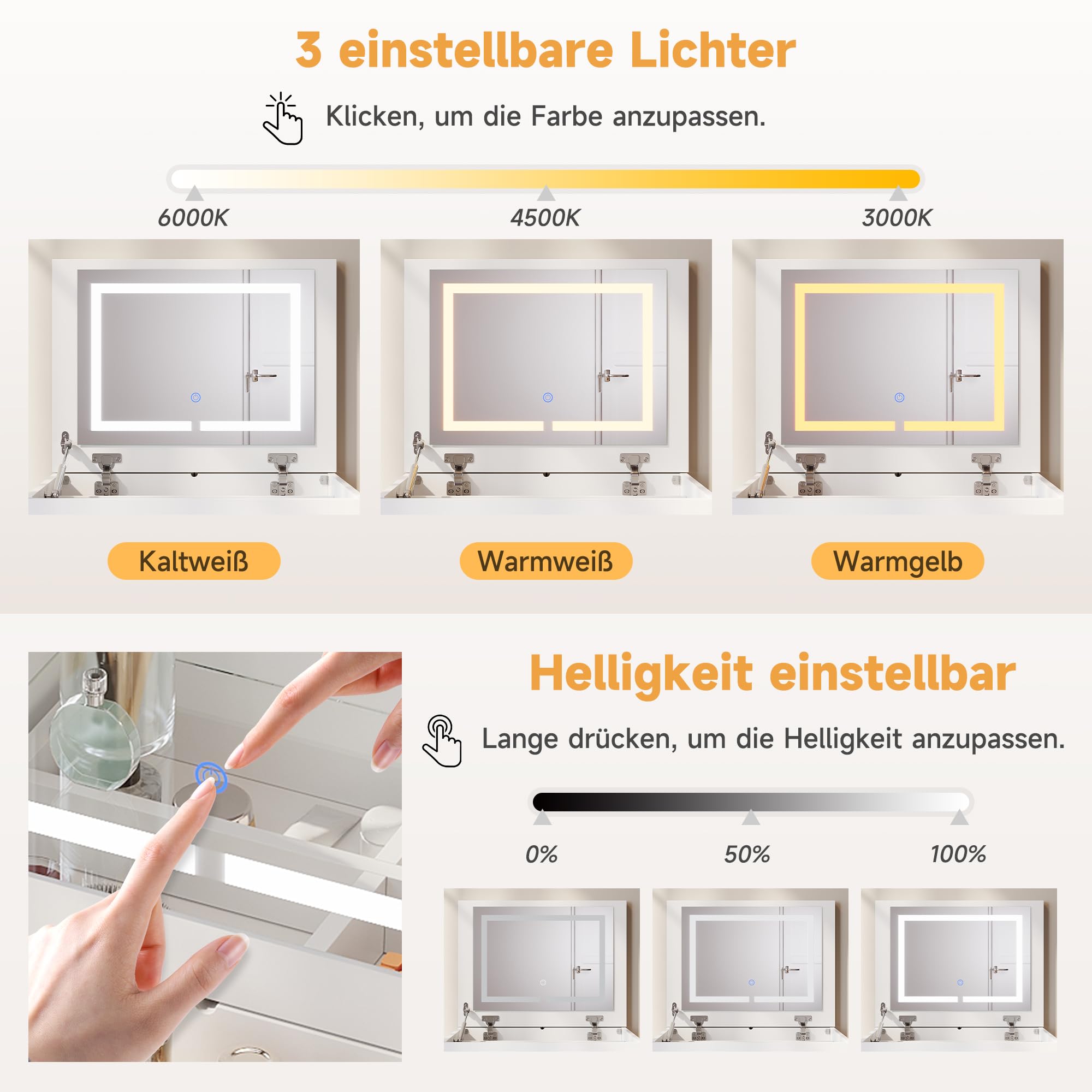 SONNI Schminktisch 3 in 1 mit Klappspiegel 4 Schubladen LED Weiß 60x45x83cm | Frisiertisch mit Sichtbarer Glasplatte, Hocker mit 4 Universalrollen, Kosmetiktisch für Schlafzimmer, Wohnung, Loft, Wohnheim