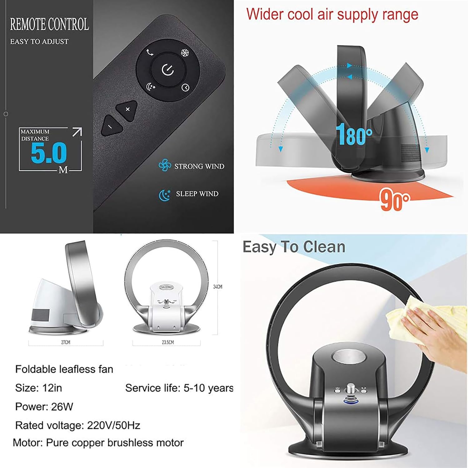 Electric Mute Fan with Remote Controlled Bladeless, Powerful Soft Wind Wall Fan for Home Desktop Tower Fan 180 Deg Swinging