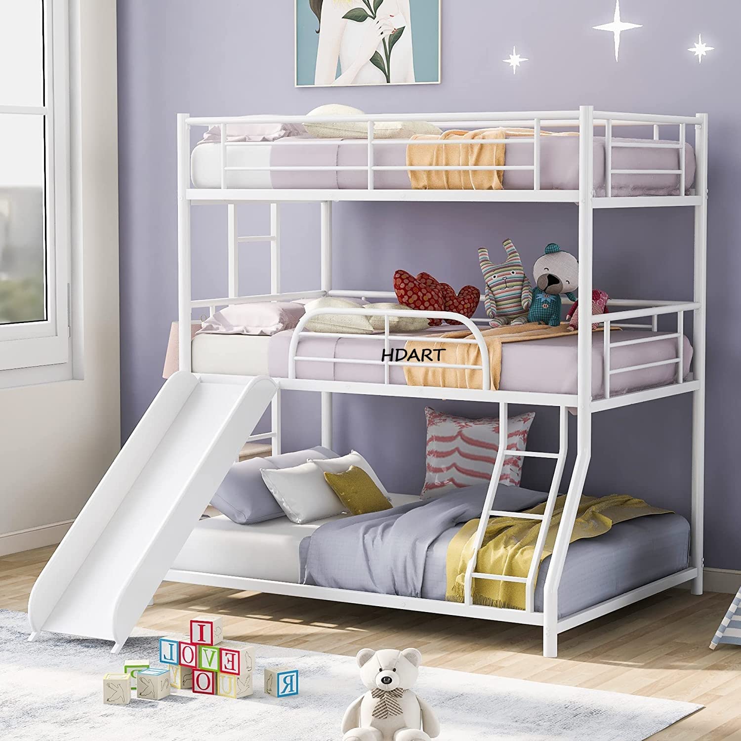 Generic Home Decoration Art Metal Queen Triple Bunk Bed With Convertible Ladder And Slide - 3In1 Bed (White) - Powder Coated
