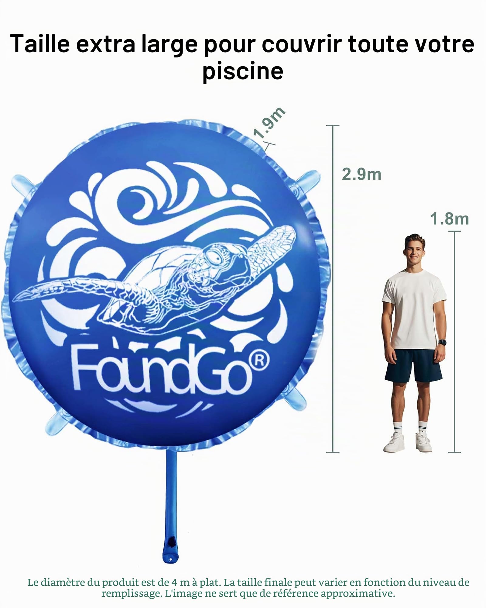 FoundGo Coussin de piscine gonflable [XXL Ø 4 m 0,4 mm] Coussin d'air ultra épais pour piscine - Coussin gonflable pour l'hiver - Avec valve de regonflage pour piscine - Avec 2 bobines de corde et 4