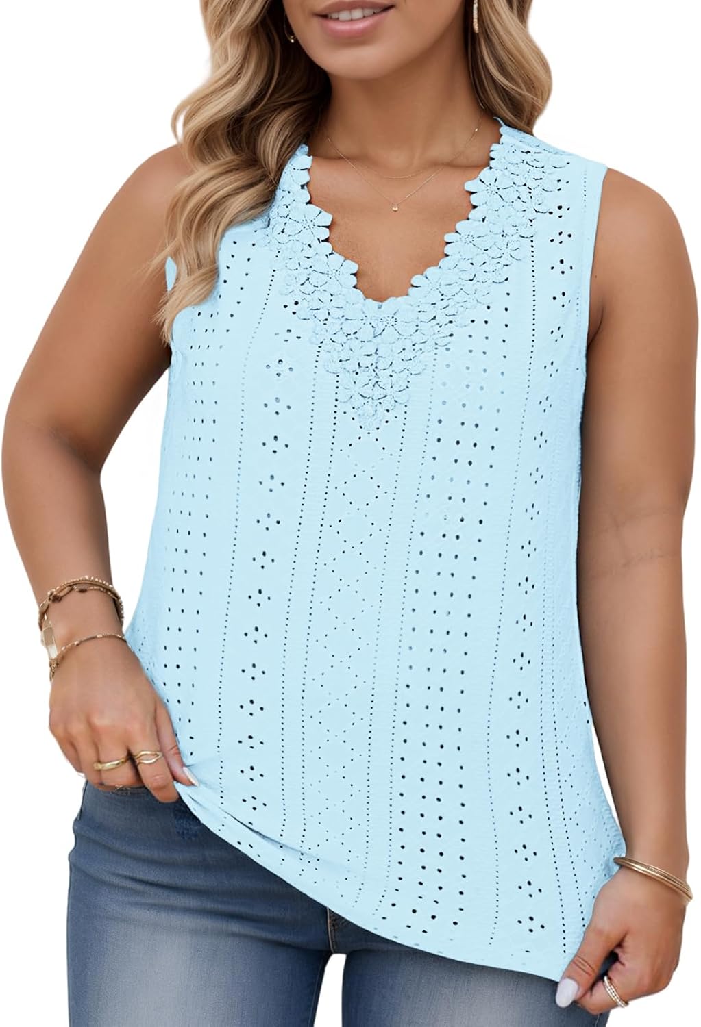 VISLILY Womens-Plus-Size-Tank-Tops Summer Floral Lace Trim V Neck Shirts Casual Sleeveless Blouses Cute Eyelet Tunics XL-5XL - Image 2