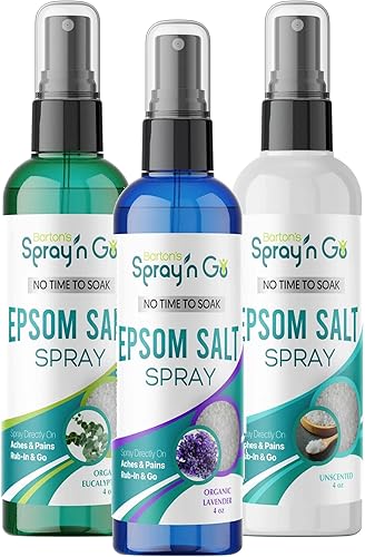 Barton's Spray n Go Epsom Salt Spray, sin perfume, aceite de eucalipto orgánico, lavanda orgánica, juego 3 en 1, alivia dolores y molestias, 4 onzas
