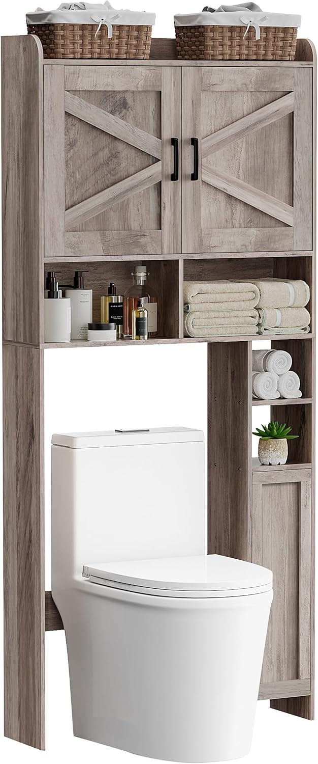 Homhedy Over The Toilet Storage Cabinet with 2 Barn Door and Toilet Paper Holder Stand, FreeStanding Toilet Shelf Space Saver Adjustable Bottom Bar, for Bathroom, Restroom, Laundry, Greige Greige Industrial