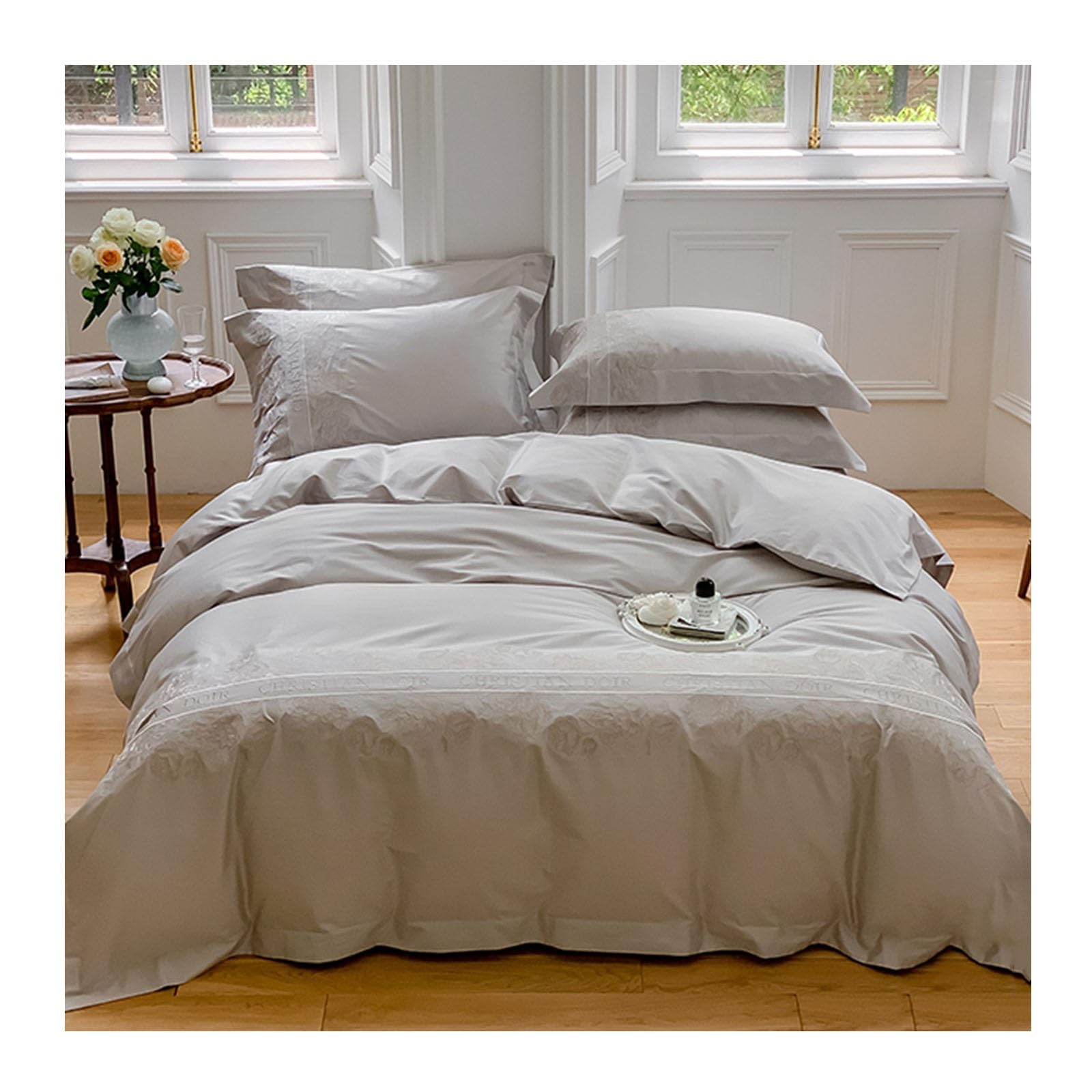 Housse de couette 220x240 cm grise avec drap et taies d'oreiller