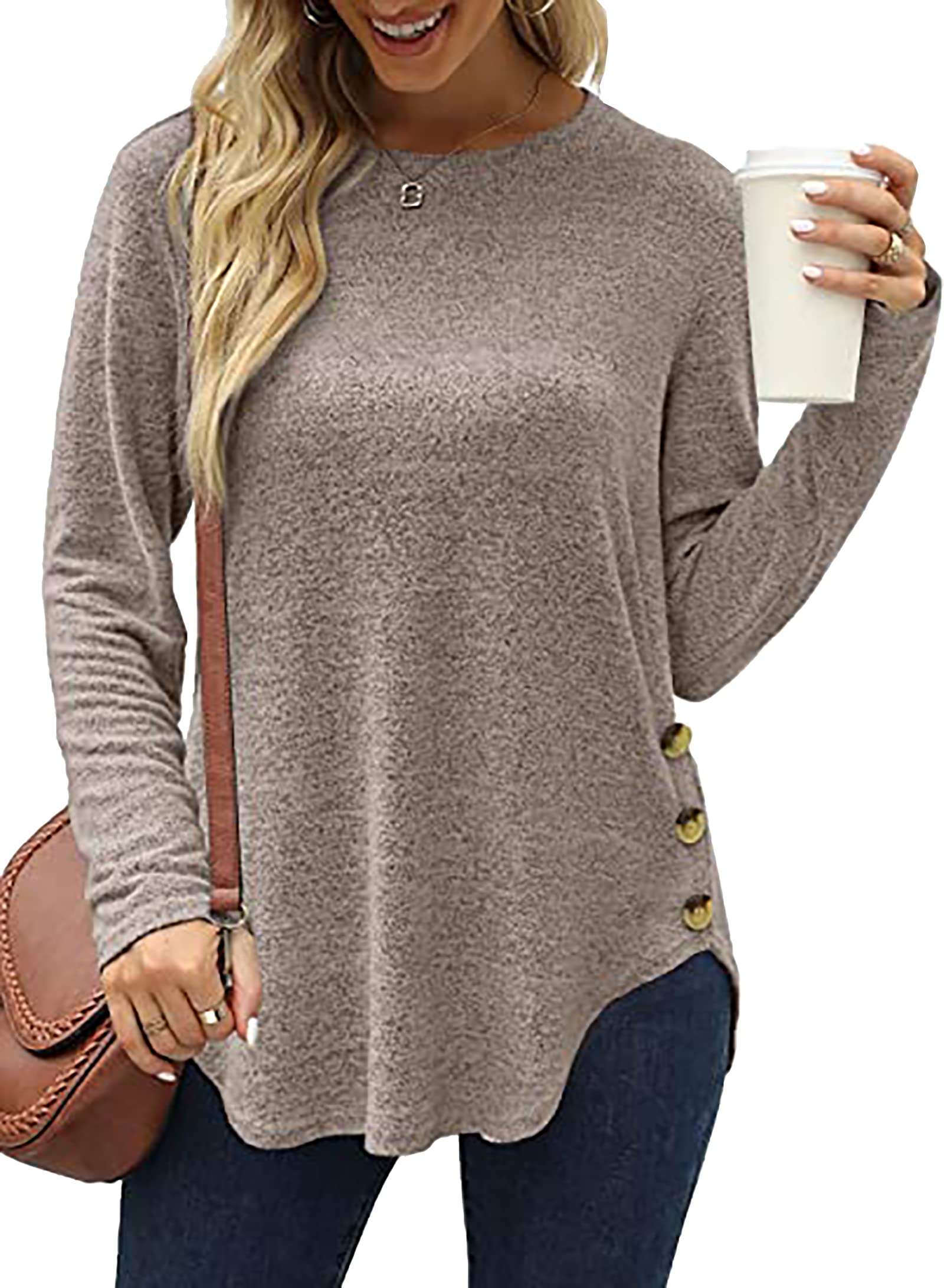 LINBLIL Womens Tops Long Sleeve Shirts Casual Cozy Sweaters Ladies Crewneck Pullover Button Down Fashion Tunics
