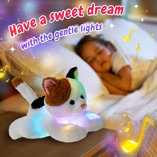 Miniatura 3 de Glow Guards - Gato calicó de peluche con iluminación, musical, suave, tipo almohada, con luces ledes nocturnas y canciones de cuna, para cumpleaños