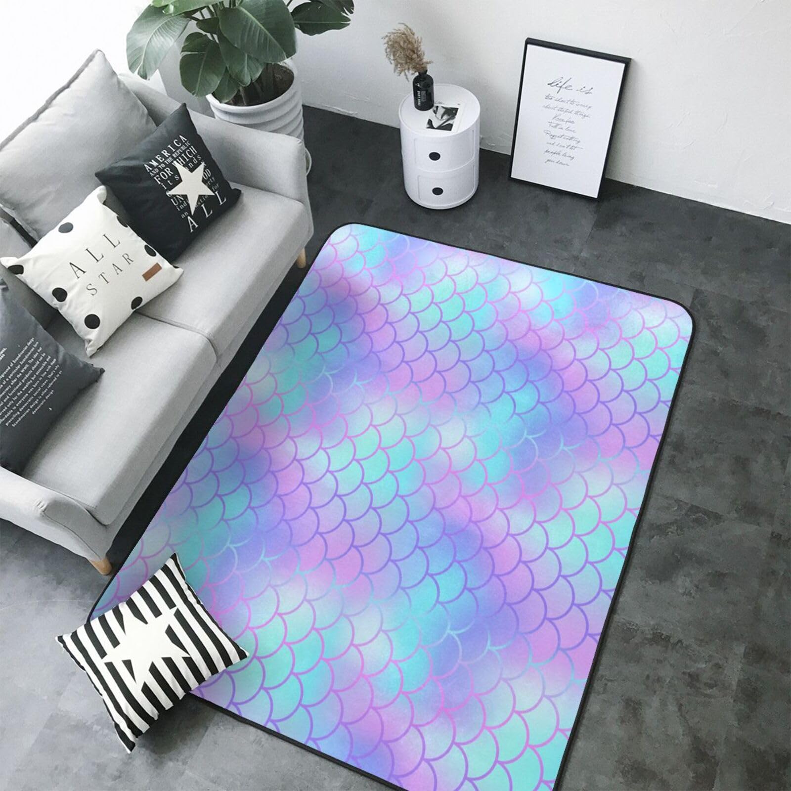 Tapis de salon doux lavable motif écailles bleu et rose 147x203 cm