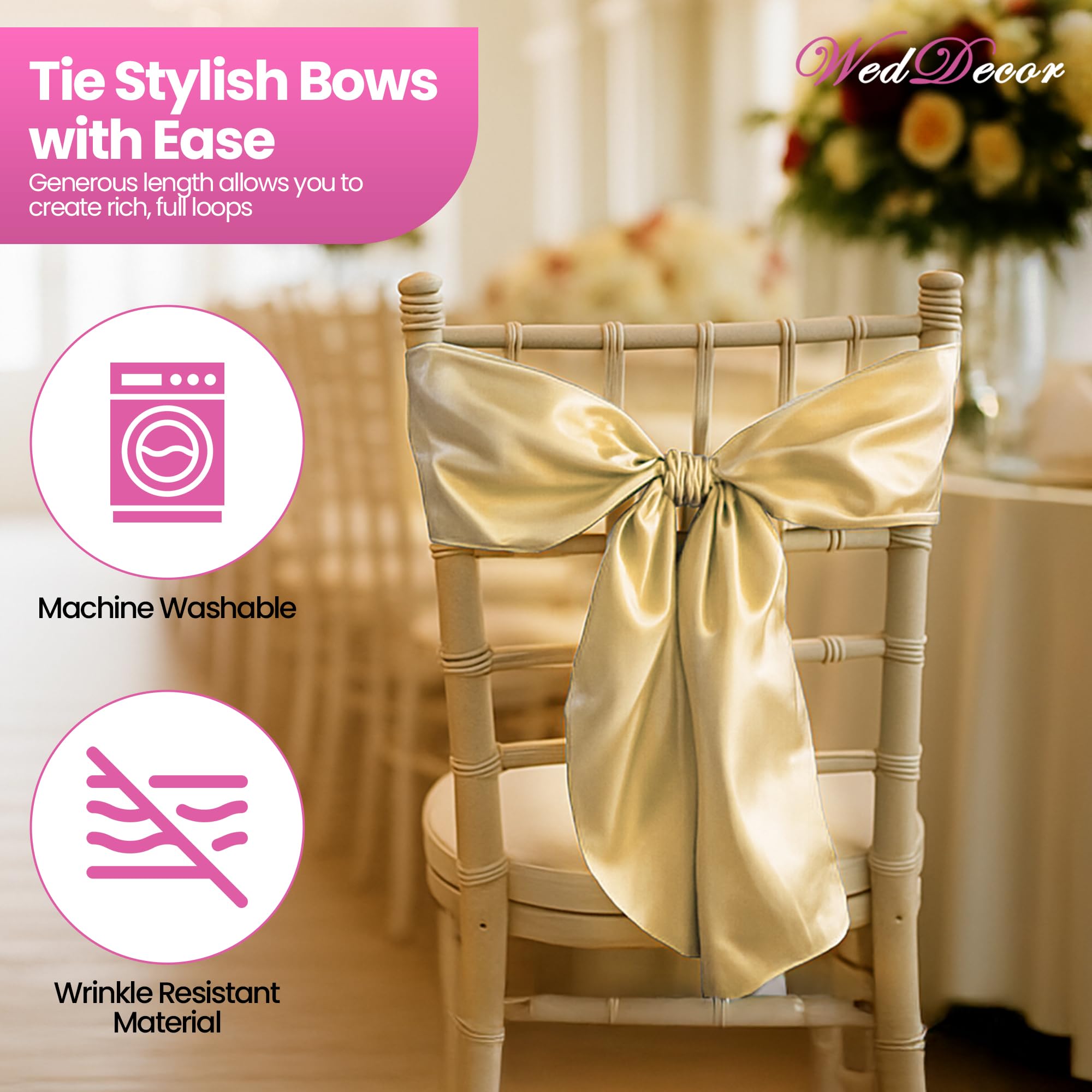 WedDecor Satynowa wstążka w kolorze szampańskiego złota pełniejsza kokarda na ślub urodziny zaręczyny przyjęcie przyjęcie bankietowe wydarzenie dekoracja krzesła do jadalni - 18 x 274 cm - 100 szt
