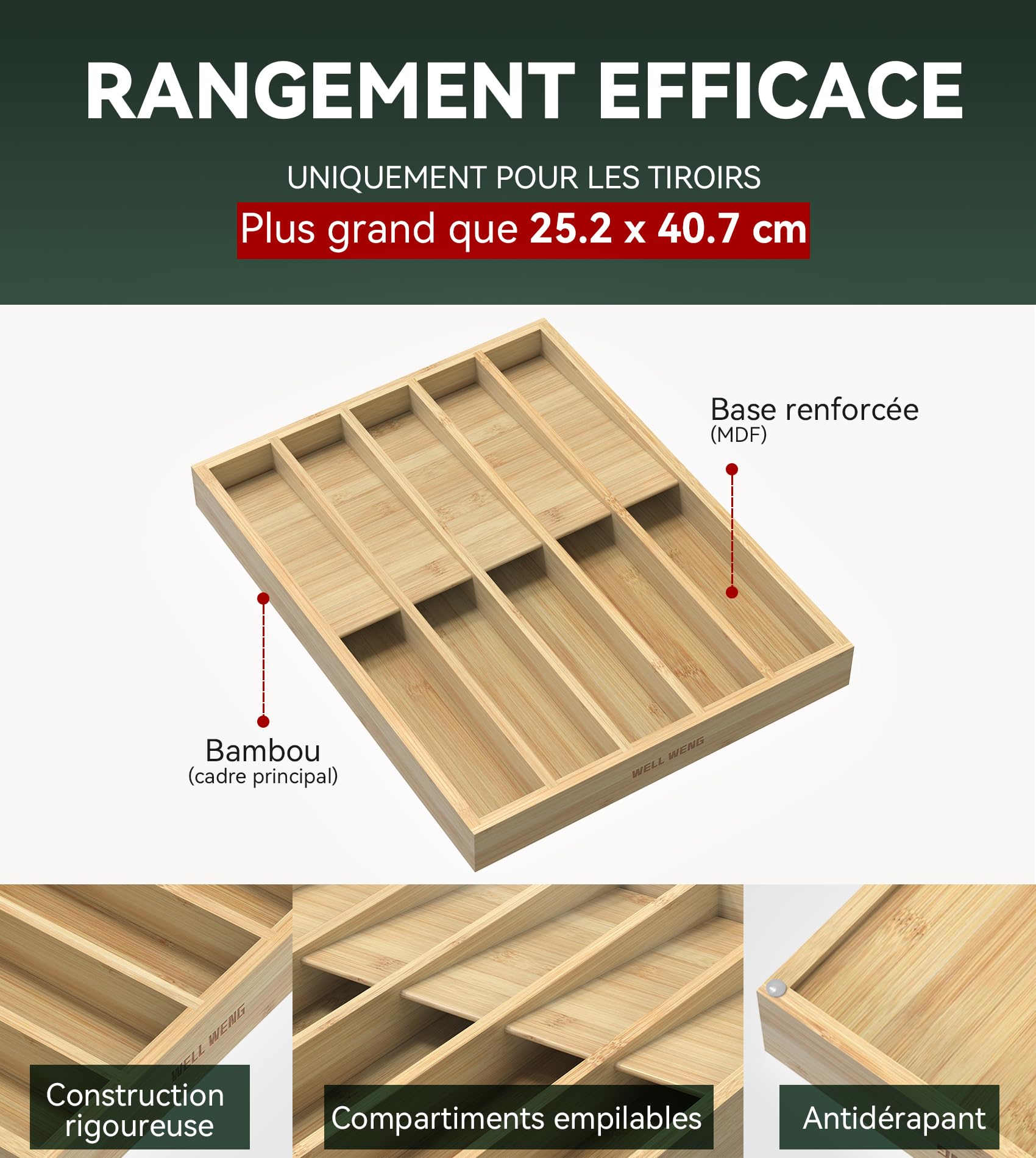 WELL WENG Cutlery Tray for Bamboo Drawer, Utensils Tray | 16 x 31.5 x 4.2 cm, 10 Compartments Kitchen Organisation, Storage for Tableware for Spoons/Forks/Knives