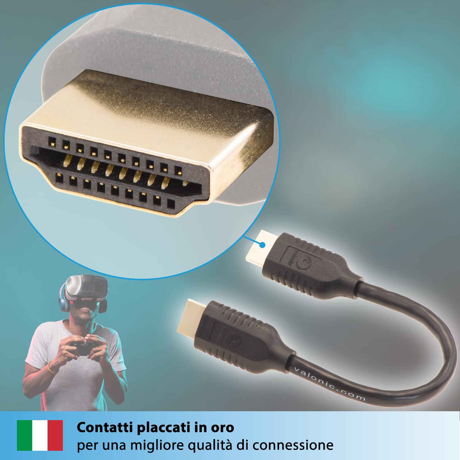 valonic cavo hdmi corto, 20 cm - HDR, ARC, High Speed 4k Ultra HD - per TV, PC, PS5, Monitor - maschio maschio, nero, 0,2m