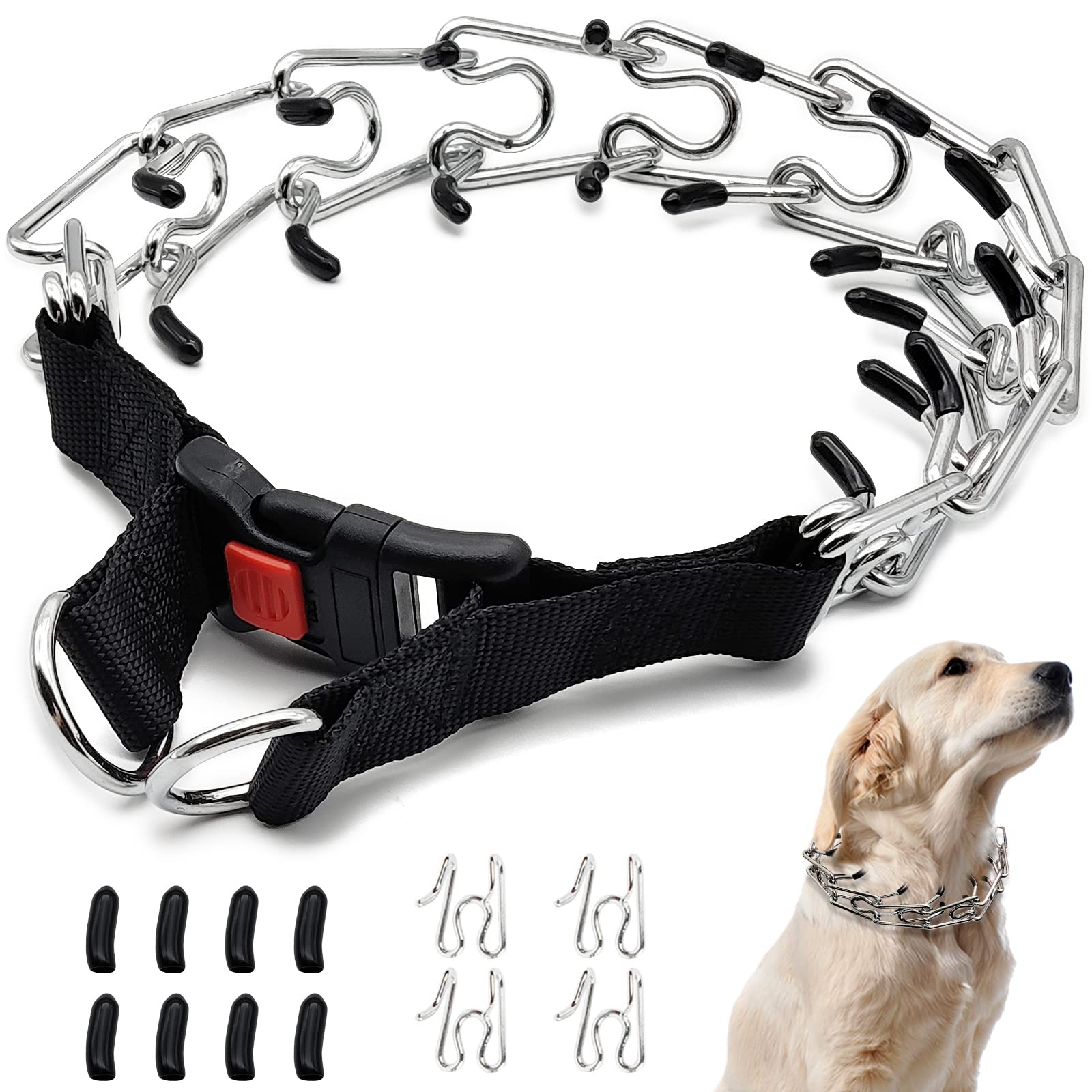 Dog Prong Collar, Adjustable Dog Choke Pinch Training Collar, Stainless Steel Pinch Training Collar with Rubber Tips and Quick Release Snap for Large Dogs (Silver, L)