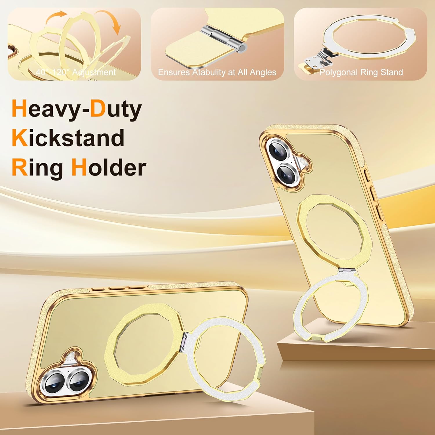 Compatible with iPhone 16 Case with Invisible Magnetic Stand, Compatible with Mag-Safe Luxury Phone Case for iPhone 16 [Plating Gold Edge & Leather Inlay], Gold