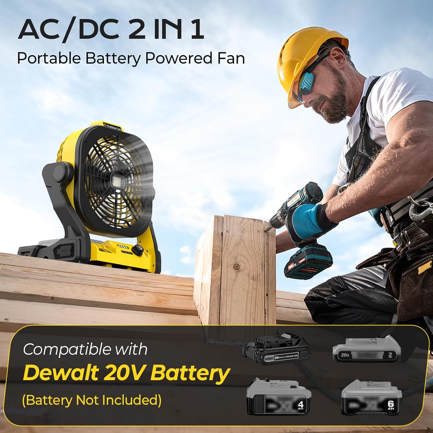 Battery Operated Fan for Dewalt 20V Max battery, Portable Fan with USB A/C Charging ＆ AC Adapter & LED Lights, 4 Speeds & Hook, Cordless/Camping/Battery Powered fan, for Outdoor Jobsite (No Battery)