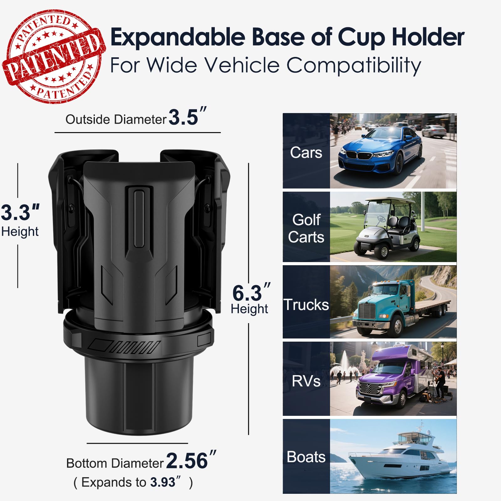 Cup Holder Expander, Upgraded Car Cup Holder Expander for Yeti, Hydro Flask, Nalgene, Takeya, Camelbak, Ramblers, Owala, Tumblers, Mugs, Bottles in 2.6"- 4.8", No Tools Required