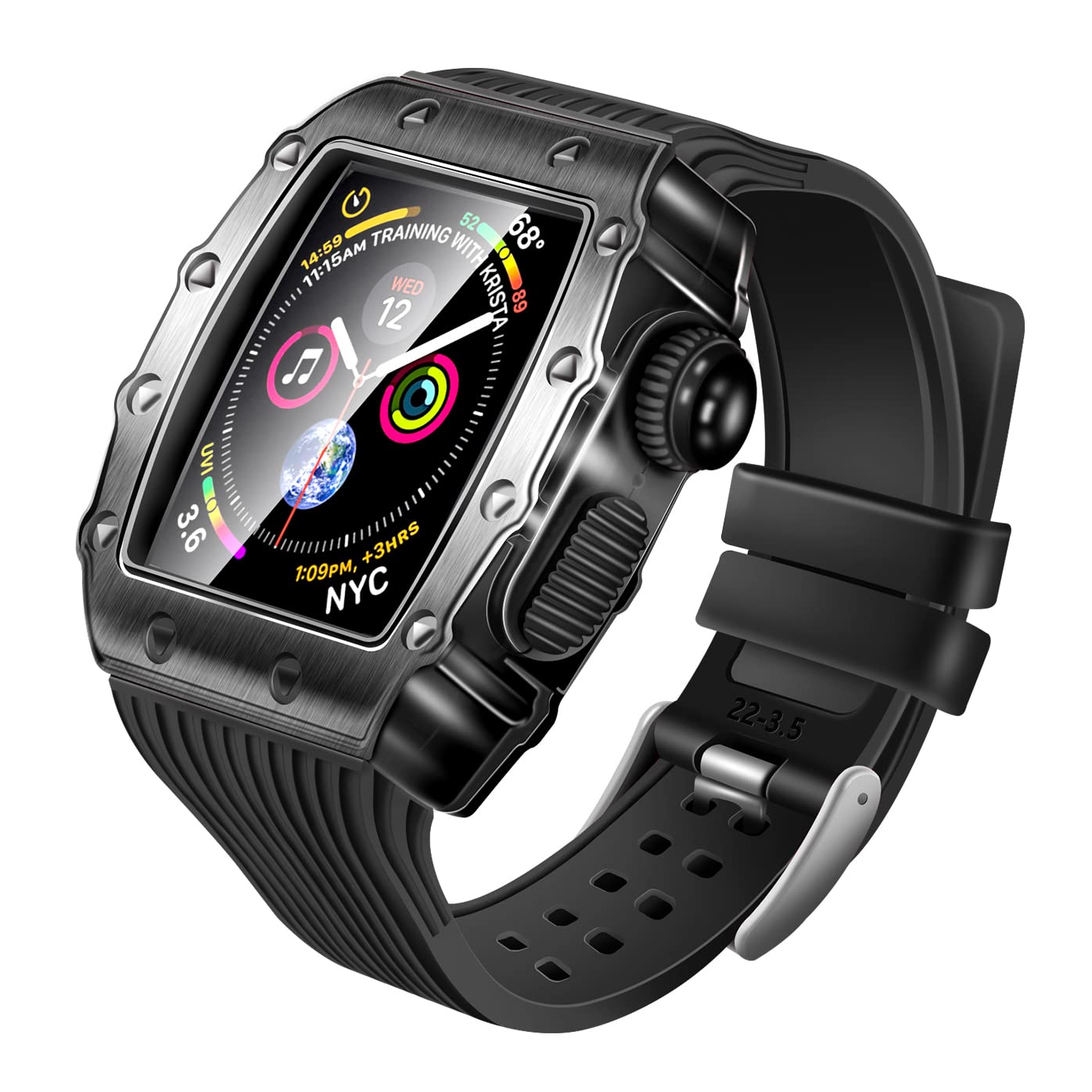 SCHIK Luksusowe metalowe etui + hartowana folia do Apple Watch Band 44 mm, 45 mm, sportowy silikonowy pasek do iWatch serii 8, 7, 6, SE, 5, 4, zestaw modyfikacyjny