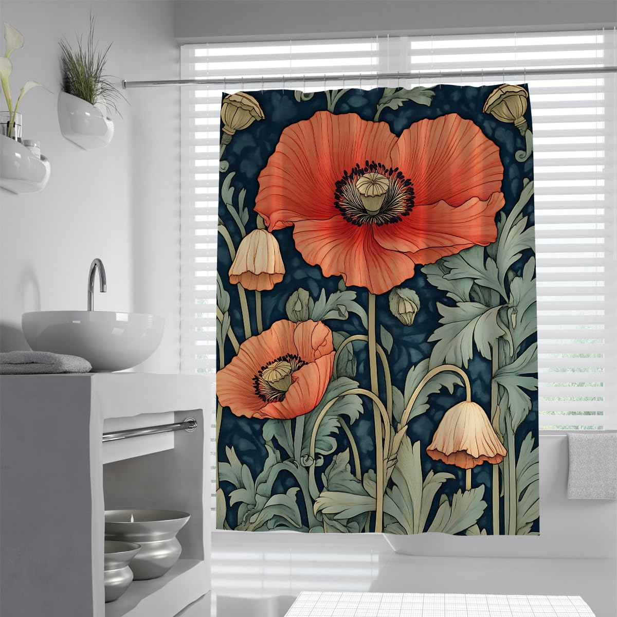 OLLIAR Home Vintage Flower Shower Curtain 180x220 Red Flower Blossom Rustic Floral Plant Rural Natural Botanical Garden Polyester Fabric Bathroom Decor with Hooks